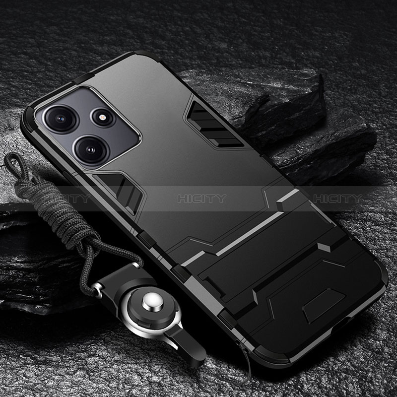 Funda Bumper Silicona y Plastico Mate Carcasa con Soporte R01 para Xiaomi Redmi Note 12R 5G Negro