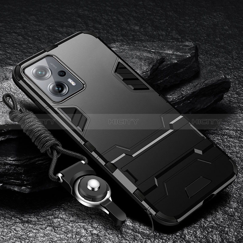 Funda Bumper Silicona y Plastico Mate Carcasa con Soporte R01 para Xiaomi Redmi Note 12T Pro 5G Negro