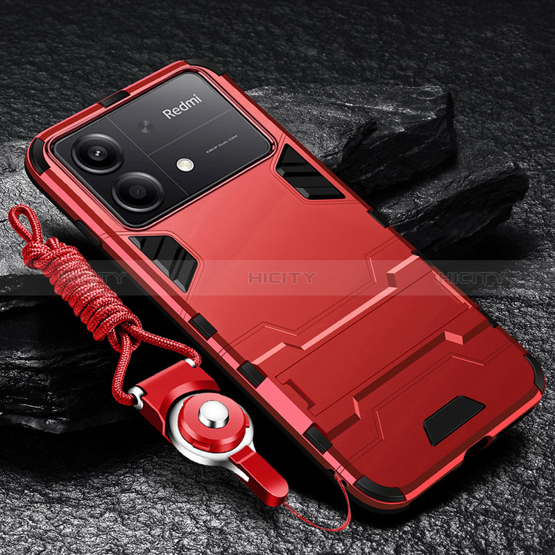 Funda Bumper Silicona y Plastico Mate Carcasa con Soporte R01 para Xiaomi Redmi Note 13R Pro 5G Rojo