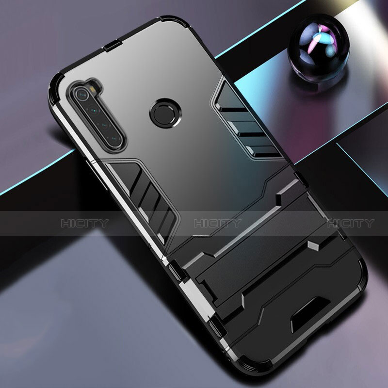 Funda Bumper Silicona y Plastico Mate Carcasa con Soporte R01 para Xiaomi Redmi Note 8 Negro