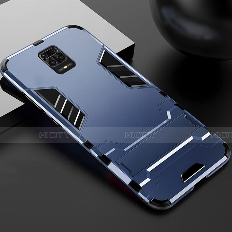 Funda Bumper Silicona y Plastico Mate Carcasa con Soporte R01 para Xiaomi Redmi Note 9 Pro Azul