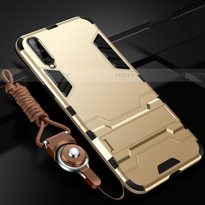 Funda Bumper Silicona y Plastico Mate Carcasa con Soporte R02 para Samsung Galaxy A70 Oro