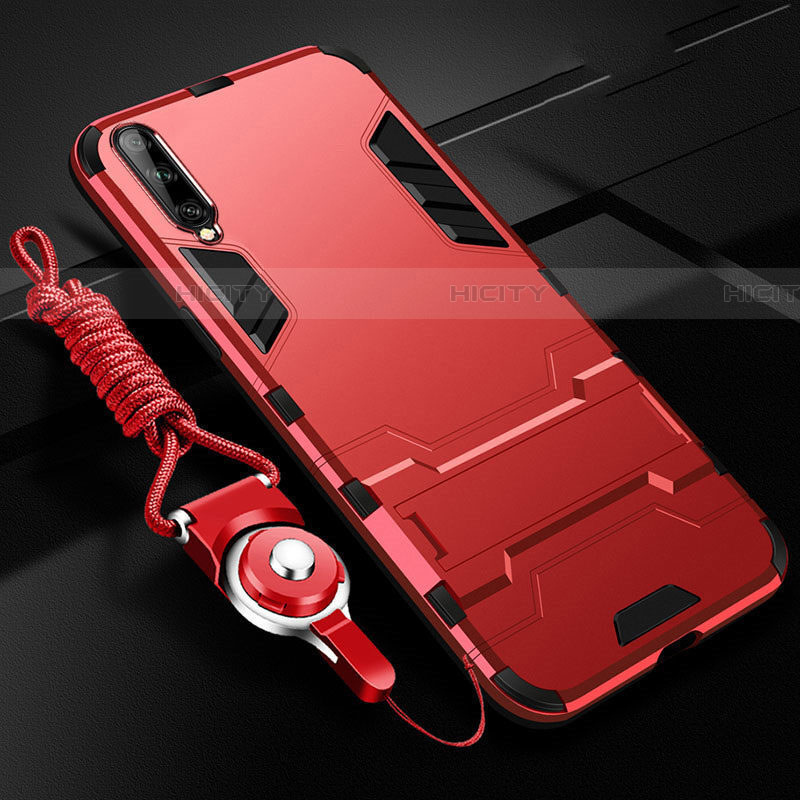 Funda Bumper Silicona y Plastico Mate Carcasa con Soporte R02 para Samsung Galaxy A70 Rojo