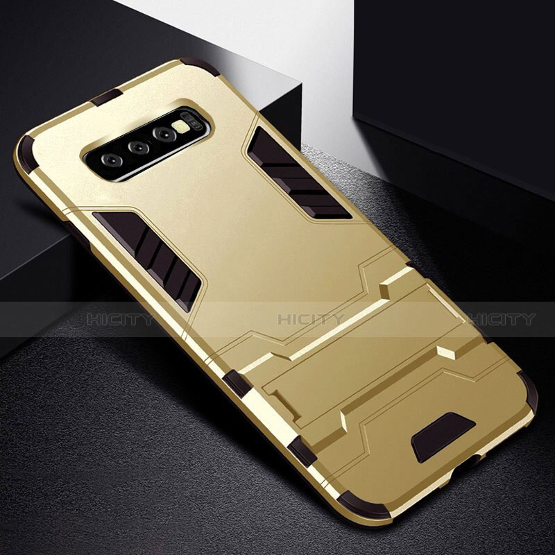 Funda Bumper Silicona y Plastico Mate Carcasa con Soporte R02 para Samsung Galaxy S10 Oro