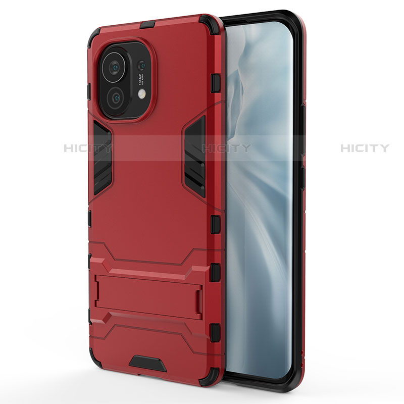 Funda Bumper Silicona y Plastico Mate Carcasa con Soporte R02 para Xiaomi Mi 11 Lite 5G NE Rojo