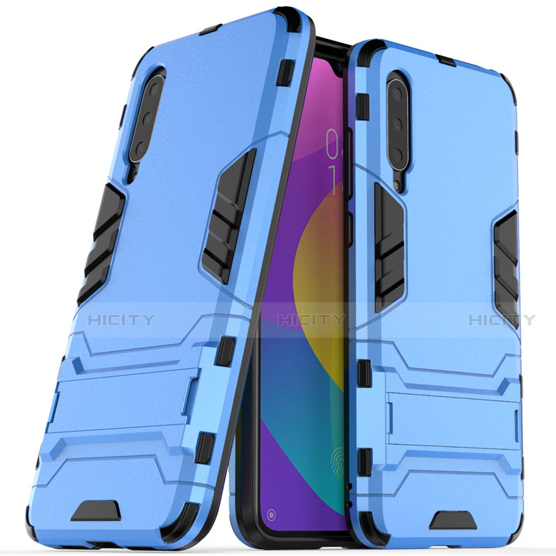 Funda Bumper Silicona y Plastico Mate Carcasa con Soporte R02 para Xiaomi Mi A3 Azul Cielo