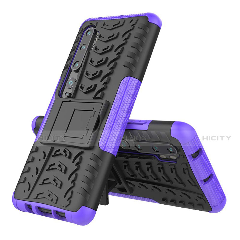 Funda Bumper Silicona y Plastico Mate Carcasa con Soporte R02 para Xiaomi Mi Note 10 Morado