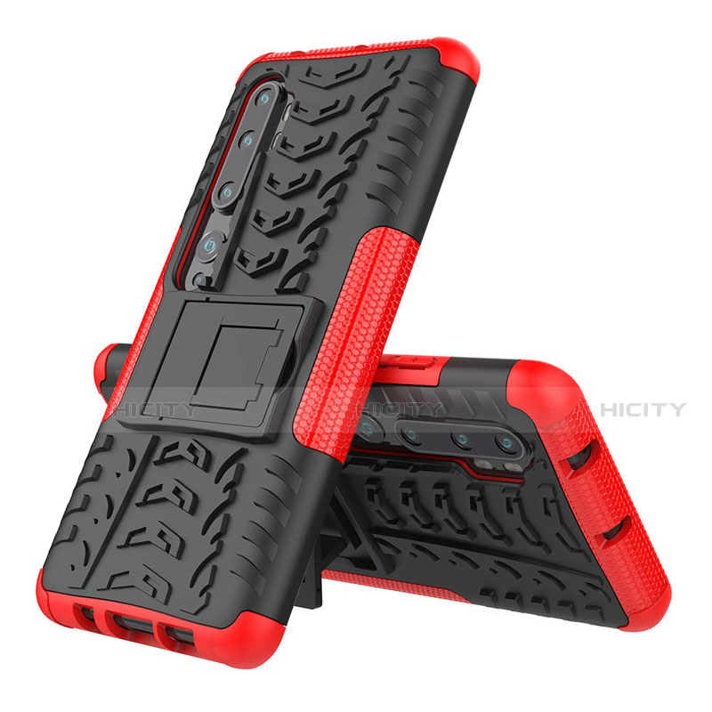 Funda Bumper Silicona y Plastico Mate Carcasa con Soporte R02 para Xiaomi Mi Note 10 Rojo