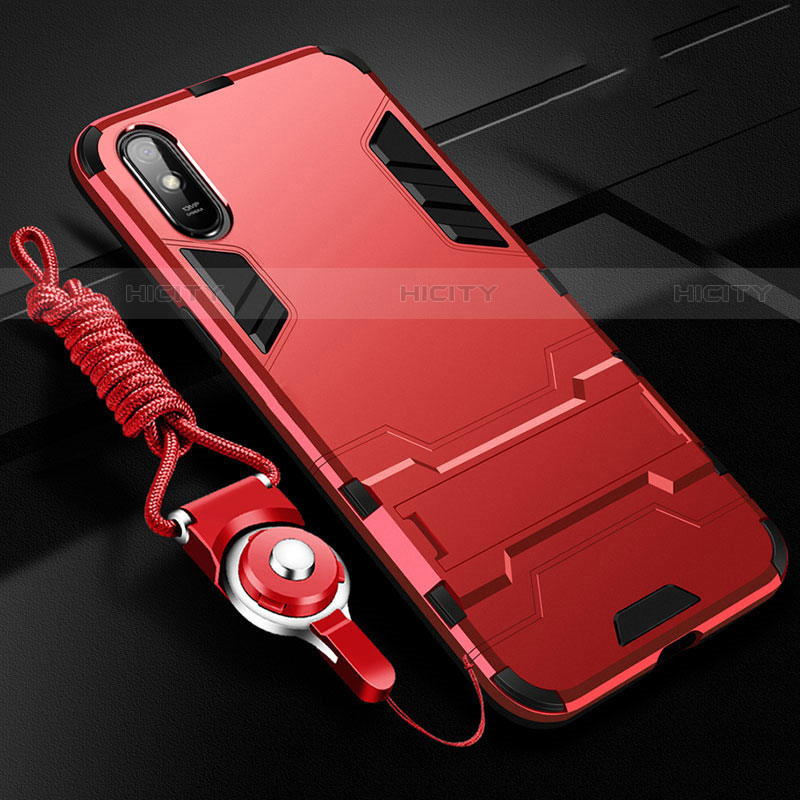 Funda Bumper Silicona y Plastico Mate Carcasa con Soporte R02 para Xiaomi Redmi 9A Rojo