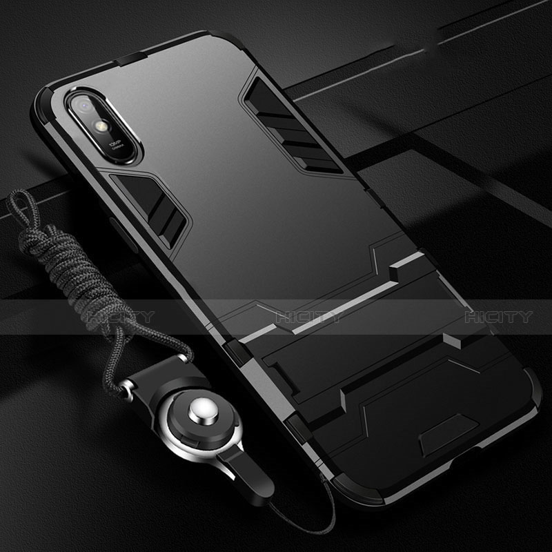 Funda Bumper Silicona y Plastico Mate Carcasa con Soporte R02 para Xiaomi Redmi 9i Negro