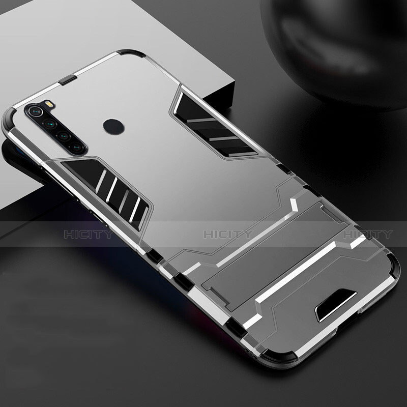 Funda Bumper Silicona y Plastico Mate Carcasa con Soporte R02 para Xiaomi Redmi Note 8 Plata