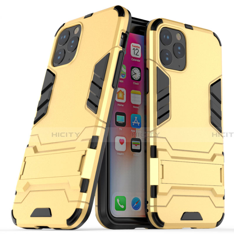 Funda Bumper Silicona y Plastico Mate Carcasa con Soporte R03 para Apple iPhone 11 Pro Oro