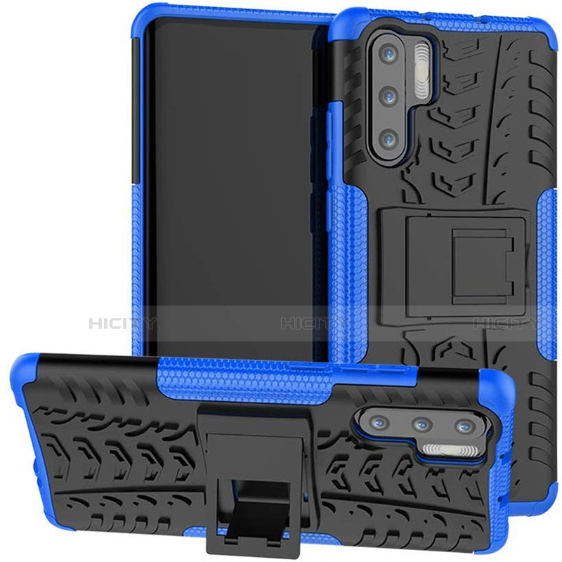 Funda Bumper Silicona y Plastico Mate Carcasa con Soporte R03 para Huawei P30 Pro New Edition Azul