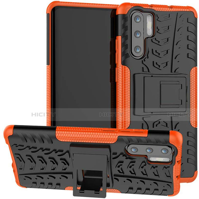 Funda Bumper Silicona y Plastico Mate Carcasa con Soporte R03 para Huawei P30 Pro New Edition Naranja