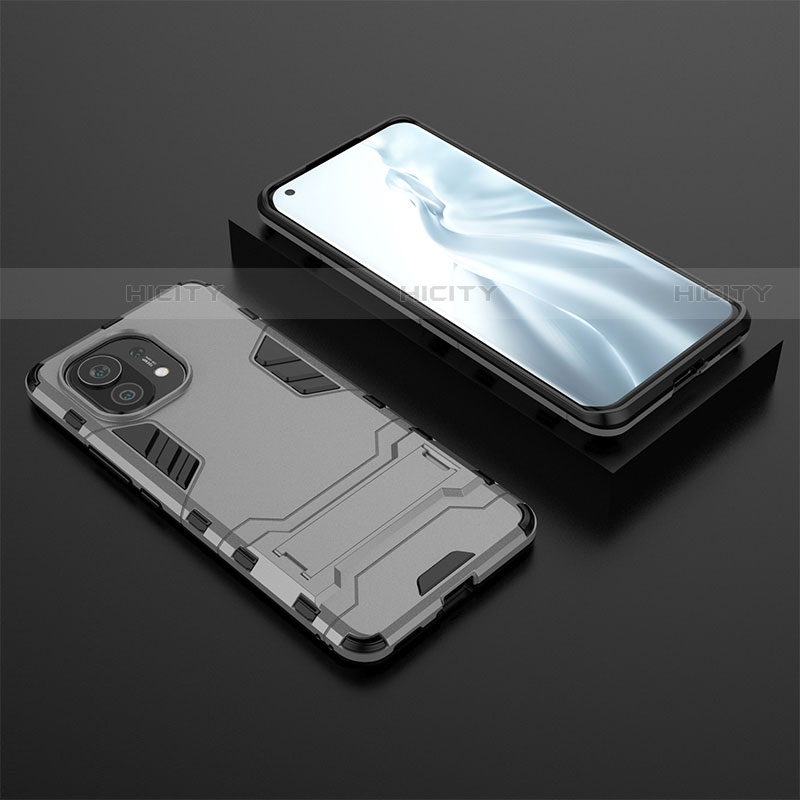 Funda Bumper Silicona y Plastico Mate Carcasa con Soporte R03 para Xiaomi Mi 11 Lite 4G Gris