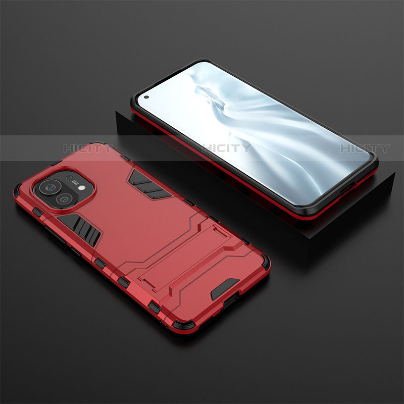 Funda Bumper Silicona y Plastico Mate Carcasa con Soporte R03 para Xiaomi Mi 11 Lite 5G NE Rojo