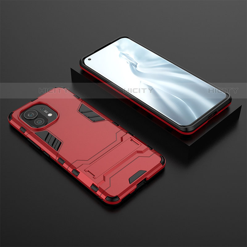 Funda Bumper Silicona y Plastico Mate Carcasa con Soporte R03 para Xiaomi Mi 11 Lite 5G Rojo