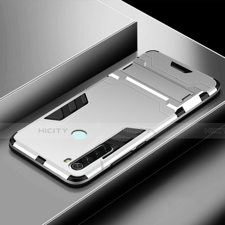 Funda Bumper Silicona y Plastico Mate Carcasa con Soporte R03 para Xiaomi Redmi Note 8 Plata