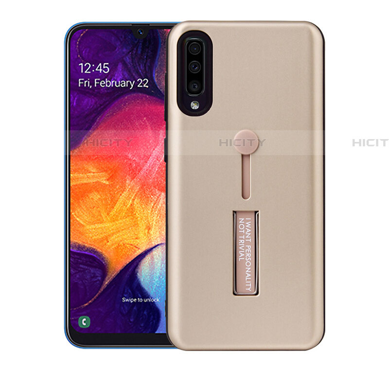 Funda Bumper Silicona y Plastico Mate Carcasa con Soporte R04 para Samsung Galaxy A70 Oro