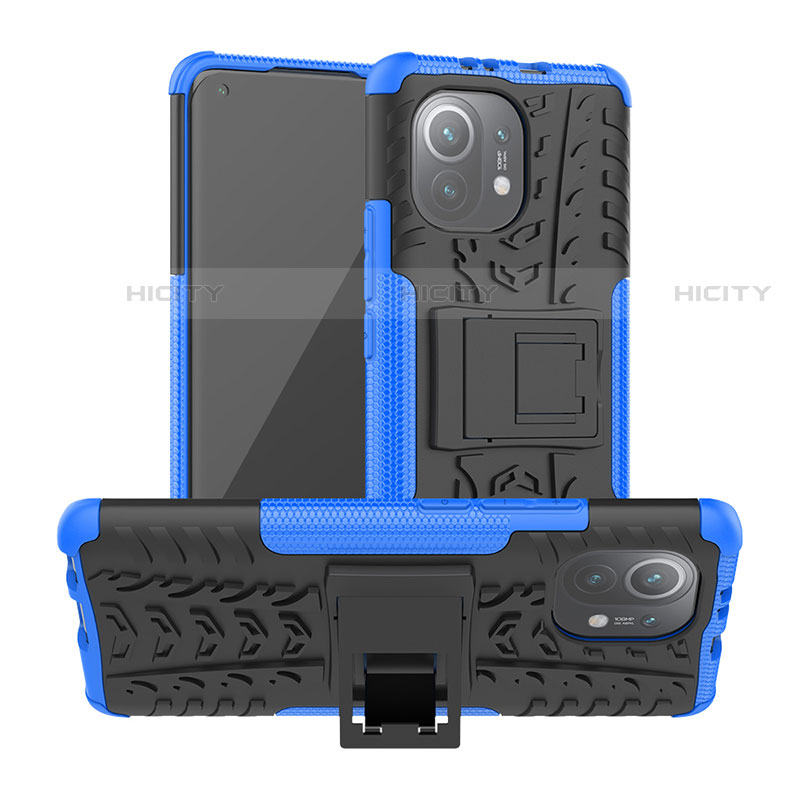 Funda Bumper Silicona y Plastico Mate Carcasa con Soporte R06 para Xiaomi Mi 11 Lite 4G Azul