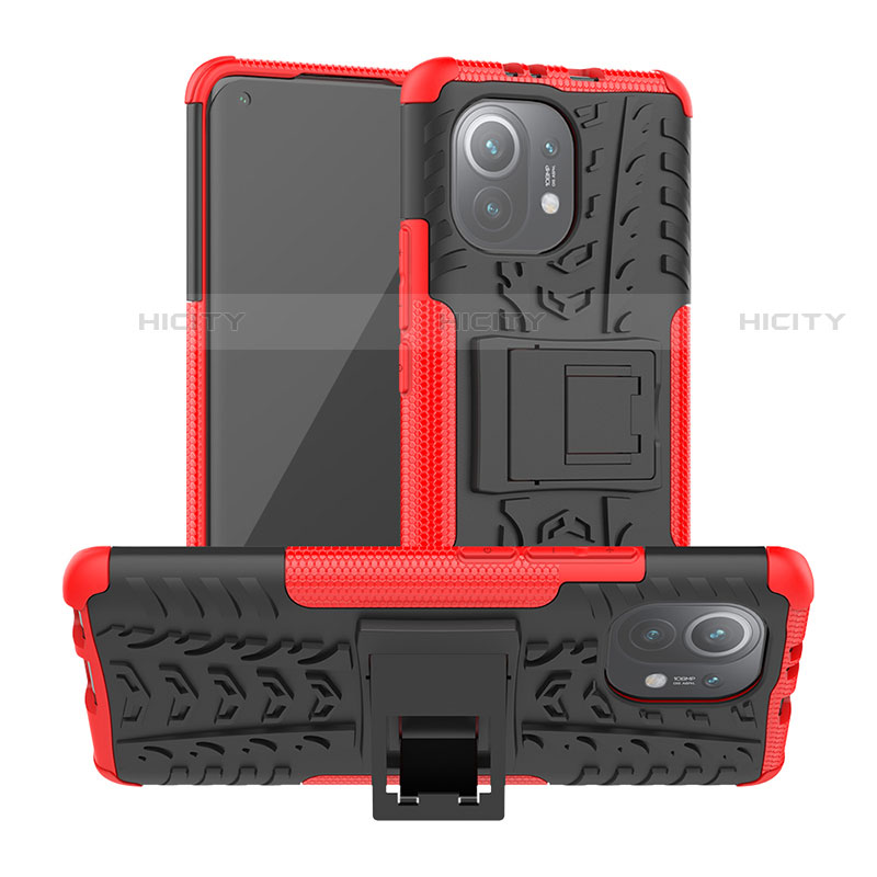 Funda Bumper Silicona y Plastico Mate Carcasa con Soporte R06 para Xiaomi Mi 11 Lite 4G Rojo