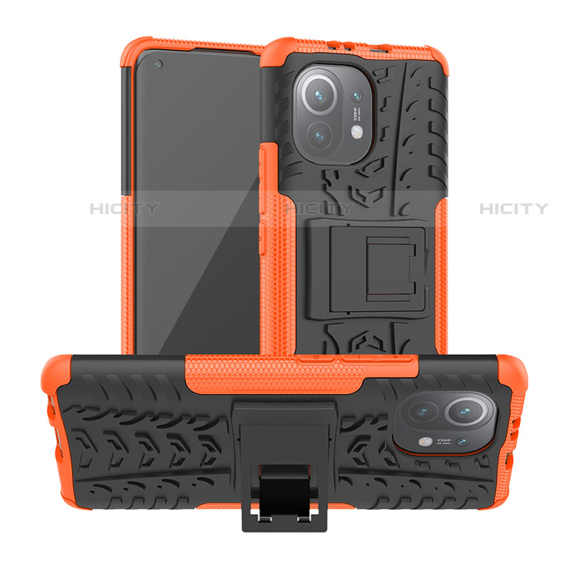 Funda Bumper Silicona y Plastico Mate Carcasa con Soporte R06 para Xiaomi Mi 11 Lite 5G Naranja