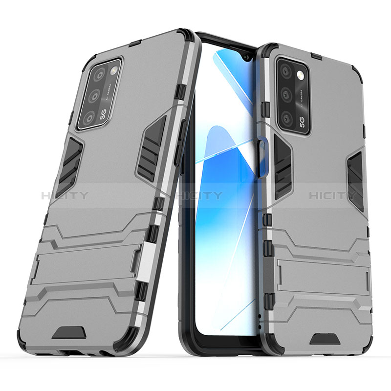 Funda Bumper Silicona y Plastico Mate Carcasa con Soporte T01 para Oppo A56 5G Gris