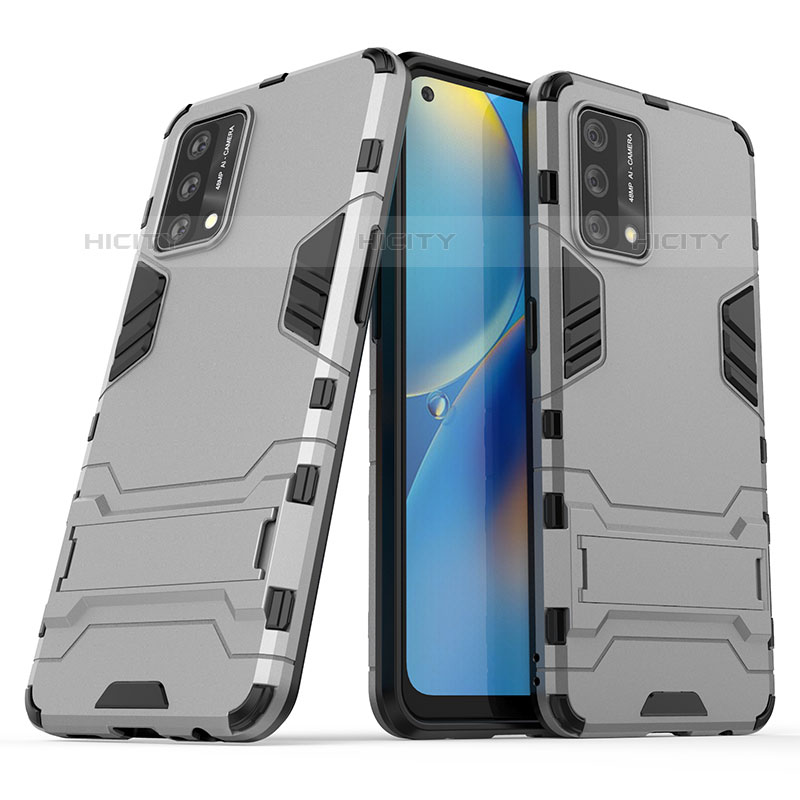 Funda Bumper Silicona y Plastico Mate Carcasa con Soporte T01 para Oppo A74 4G Gris