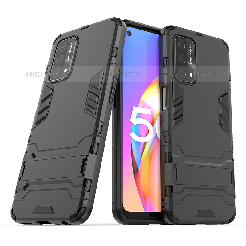 Funda Bumper Silicona y Plastico Mate Carcasa con Soporte T01 para Oppo A93 5G Negro