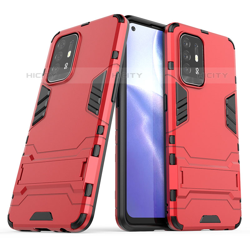 Funda Bumper Silicona y Plastico Mate Carcasa con Soporte T01 para Oppo A95 5G Rojo