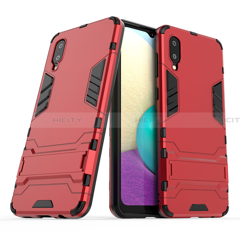 Funda Bumper Silicona y Plastico Mate Carcasa con Soporte T01 para Samsung Galaxy A02 Rojo