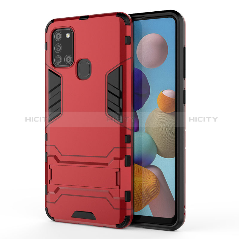 Funda Bumper Silicona y Plastico Mate Carcasa con Soporte T01 para Samsung Galaxy A21s Rojo