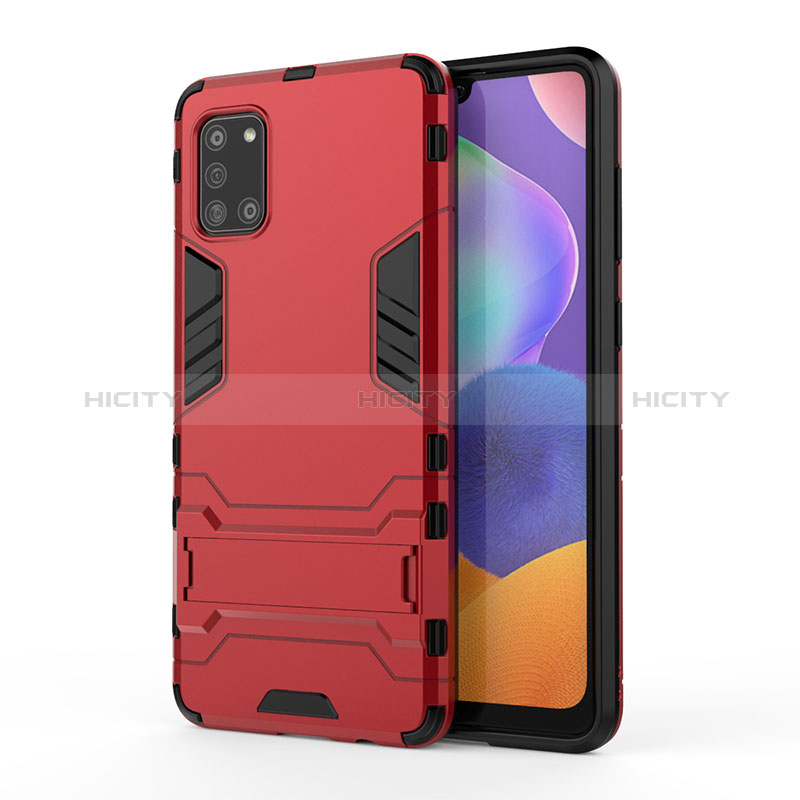 Funda Bumper Silicona y Plastico Mate Carcasa con Soporte T01 para Samsung Galaxy A31 Rojo