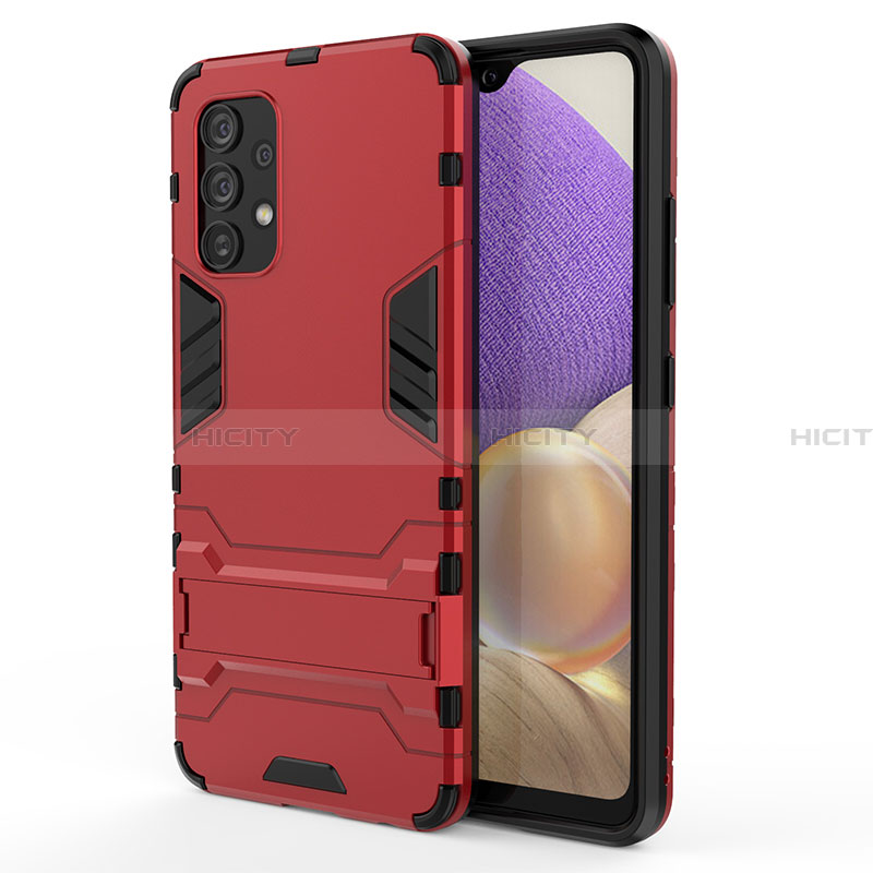 Funda Bumper Silicona y Plastico Mate Carcasa con Soporte T01 para Samsung Galaxy A32 5G Rojo
