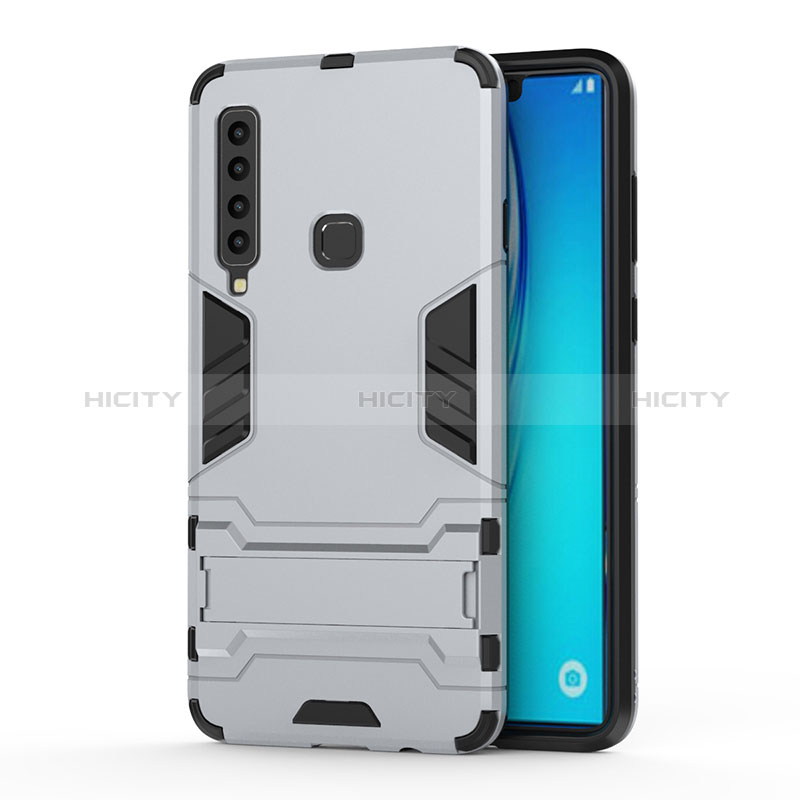 Funda Bumper Silicona y Plastico Mate Carcasa con Soporte T01 para Samsung Galaxy A9s Plata