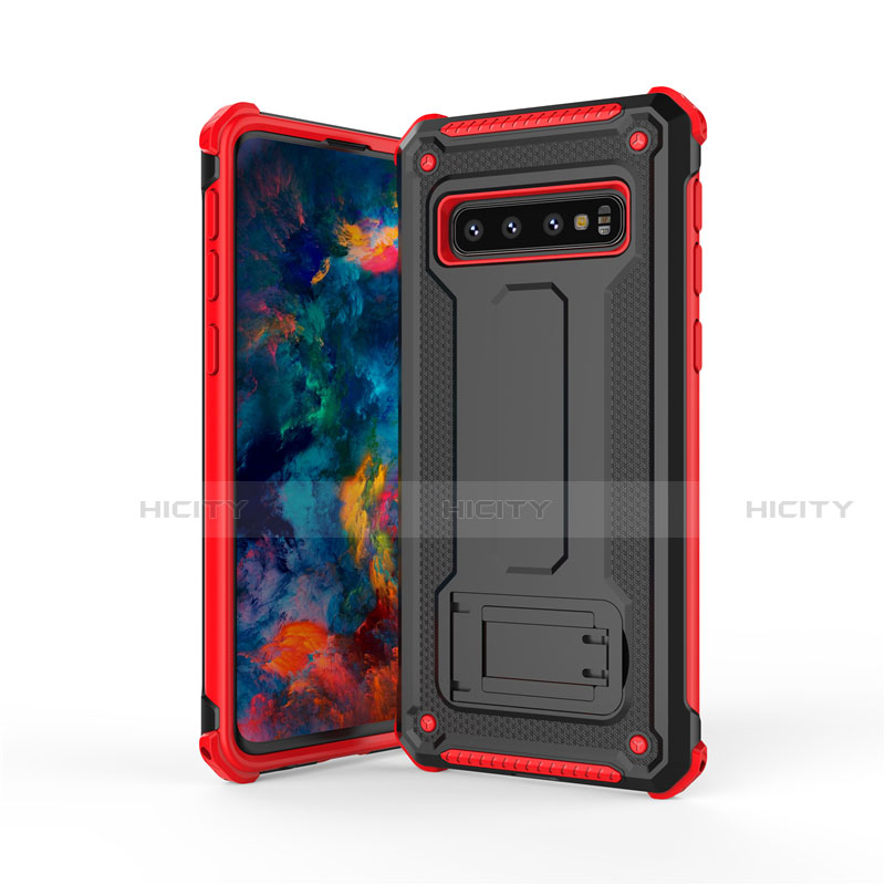 Funda Bumper Silicona y Plastico Mate Carcasa con Soporte T01 para Samsung Galaxy S10 Rojo y Negro