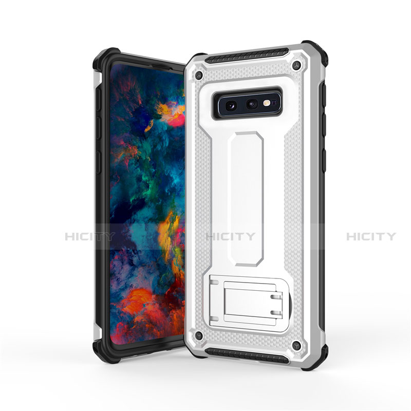 Funda Bumper Silicona y Plastico Mate Carcasa con Soporte T01 para Samsung Galaxy S10e Plata