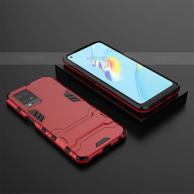 Funda Bumper Silicona y Plastico Mate Carcasa con Soporte T02 para Oppo A54 4G Rojo