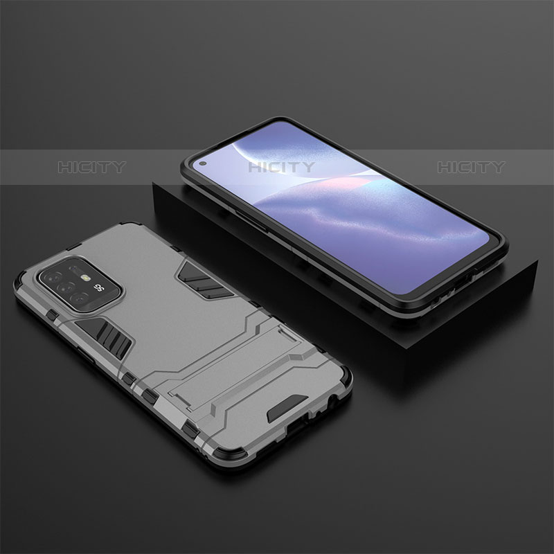 Funda Bumper Silicona y Plastico Mate Carcasa con Soporte T02 para Oppo A94 5G Gris