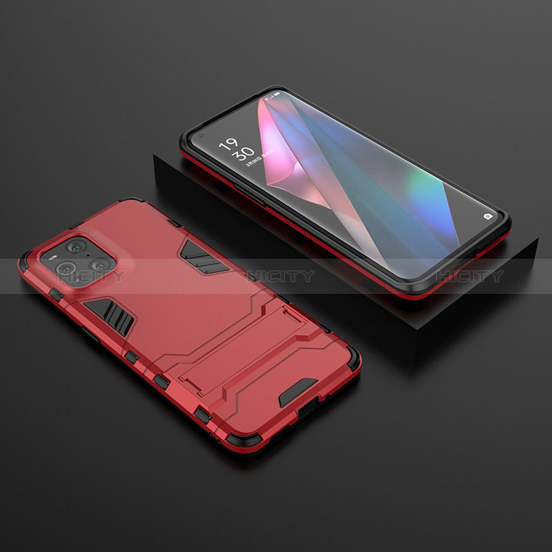 Funda Bumper Silicona y Plastico Mate Carcasa con Soporte T02 para Oppo Find X3 5G Rojo