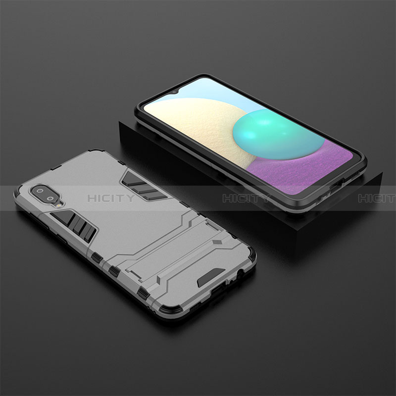 Funda Bumper Silicona y Plastico Mate Carcasa con Soporte T02 para Samsung Galaxy A02 Gris