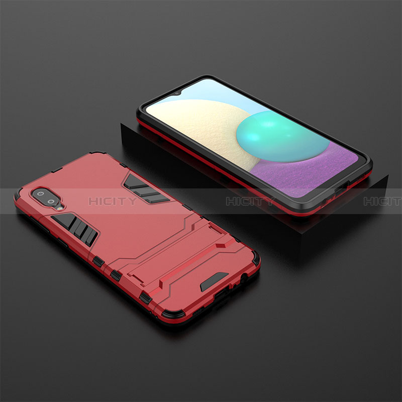 Funda Bumper Silicona y Plastico Mate Carcasa con Soporte T02 para Samsung Galaxy A02 Rojo