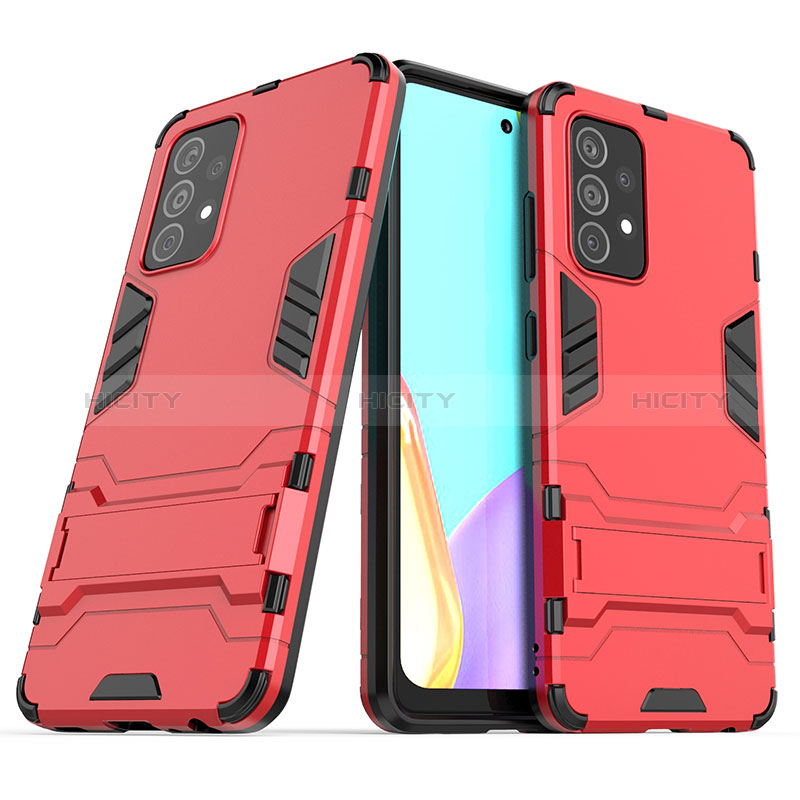 Funda Bumper Silicona y Plastico Mate Carcasa con Soporte T02 para Samsung Galaxy A52s 5G Rojo