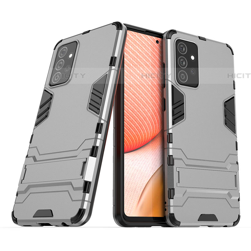 Funda Bumper Silicona y Plastico Mate Carcasa con Soporte T02 para Samsung Galaxy A72 4G Gris