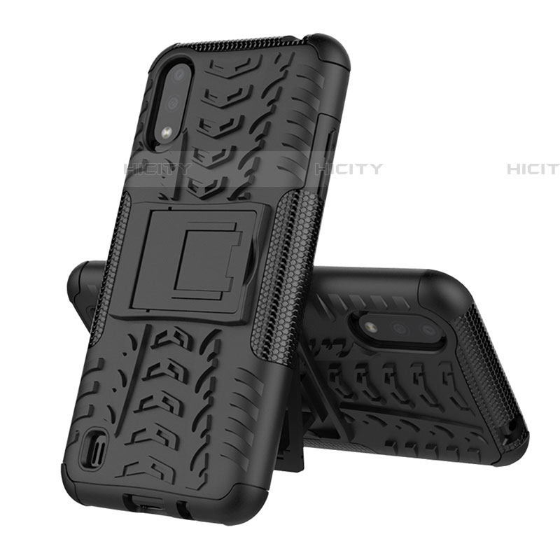 Funda Bumper Silicona y Plastico Mate Carcasa con Soporte T04 para Samsung Galaxy A01 SM-A015 Negro