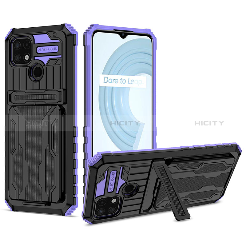 Funda Bumper Silicona y Plastico Mate Carcasa con Soporte YF1 para Realme C21 Morado