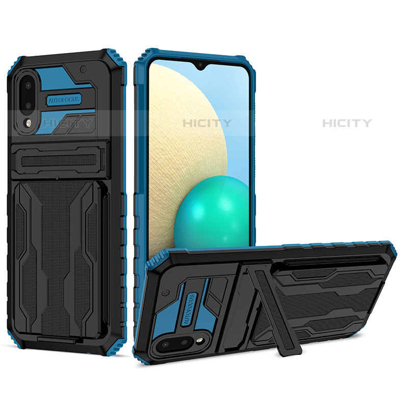 Funda Bumper Silicona y Plastico Mate Carcasa con Soporte YF1 para Samsung Galaxy M02 Azul