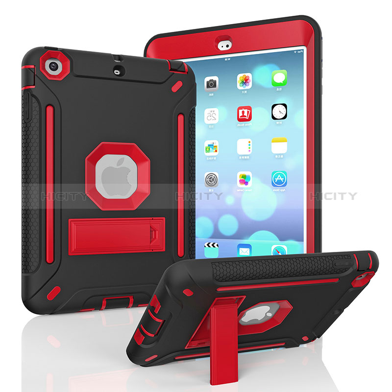 Funda Bumper Silicona y Plastico Mate Carcasa con Soporte YJ1 para Apple iPad Mini 2 Rojo y Negro