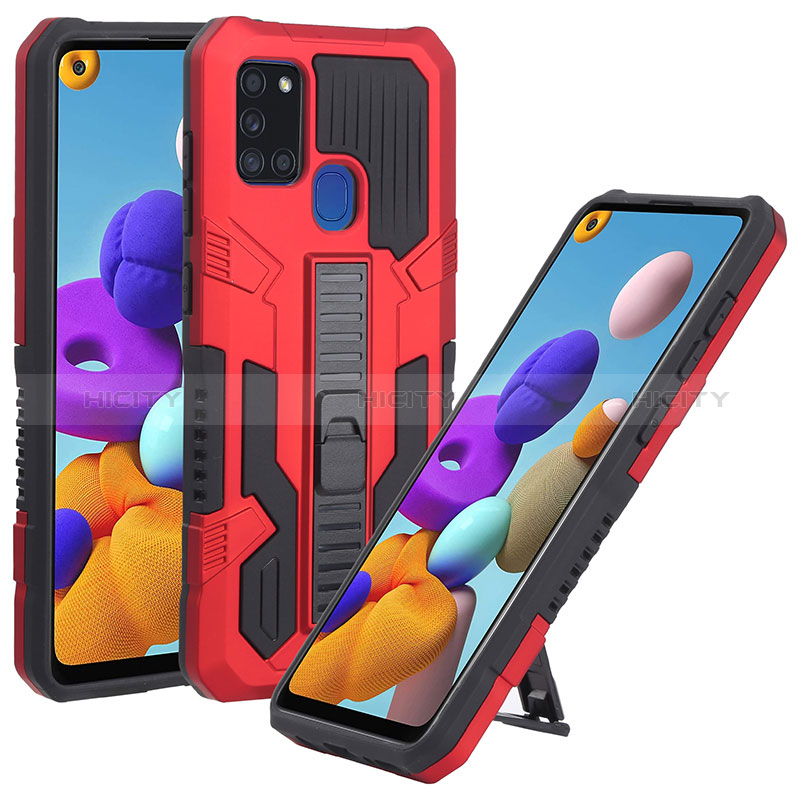 Funda Bumper Silicona y Plastico Mate Carcasa con Soporte ZJ1 para Samsung Galaxy A21s Rojo