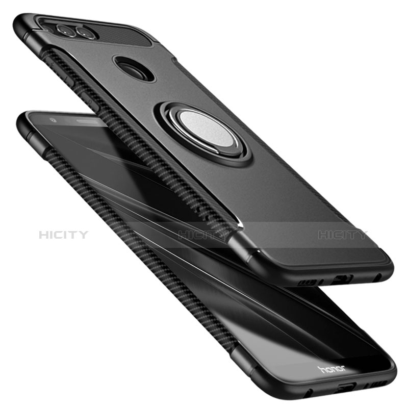 Funda Bumper Silicona y Plastico Mate con Anillo de dedo Soporte A01 para Huawei Honor 7X Negro